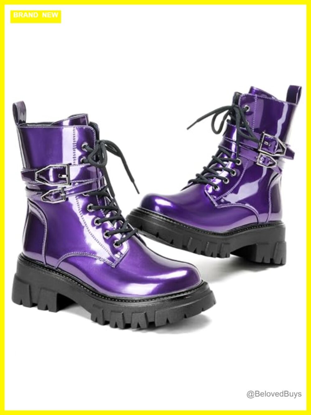 Women's Combat Boots with Buckle Details and Lug Sole